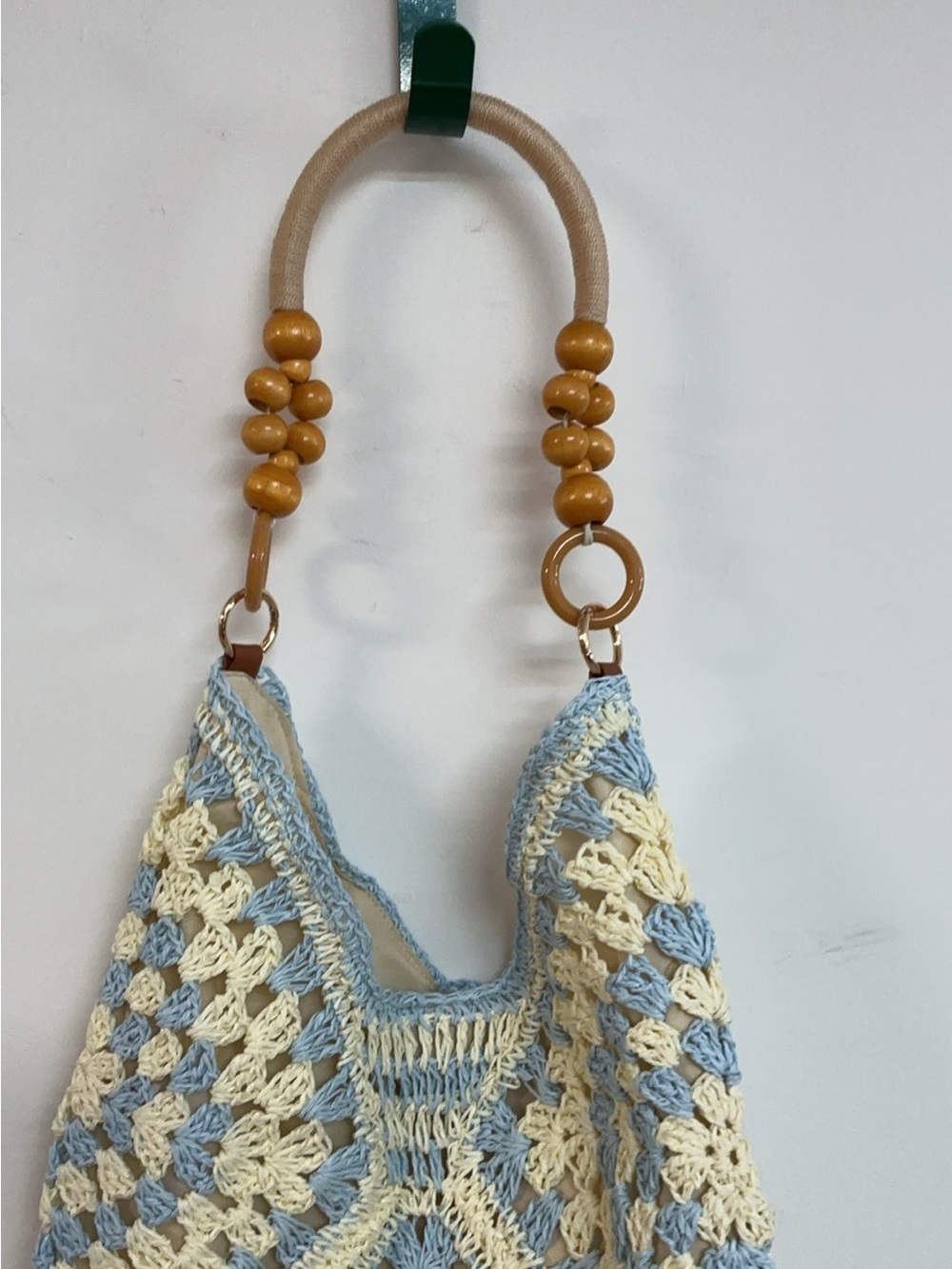 Handmade Cream & Light Blue Crochet Tote with Beaded Handle